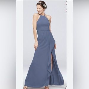 High neck women’s chiffon ruffle bridesmaid dress